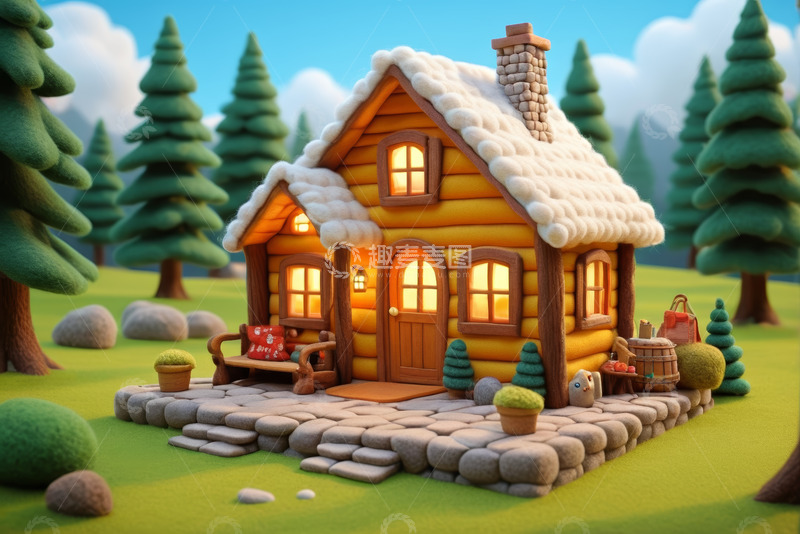 高清大图下载【趣麦麦图】雪顶木屋与森林景观动画素材