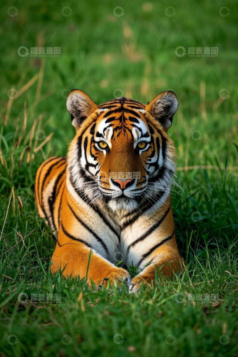 高清大图下载【趣麦麦图】草地上趴着的老虎特写
