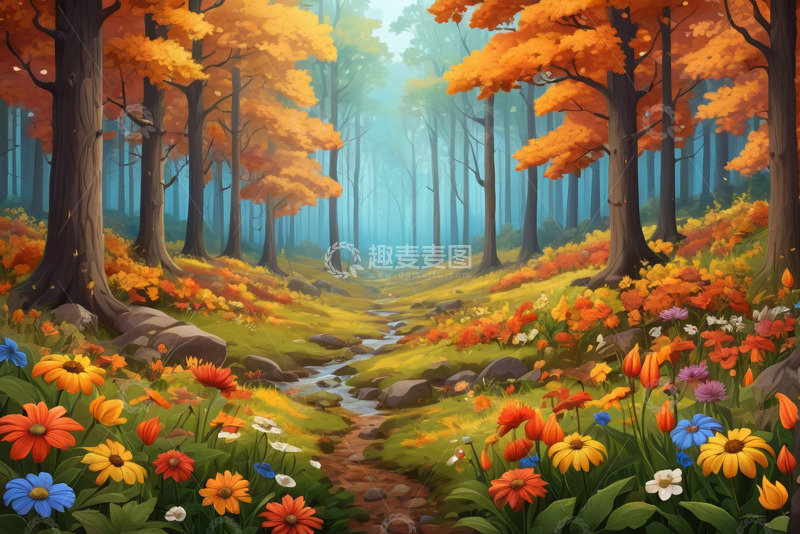高清大图下载【趣麦麦图】秋季森林花丛间的小径景象