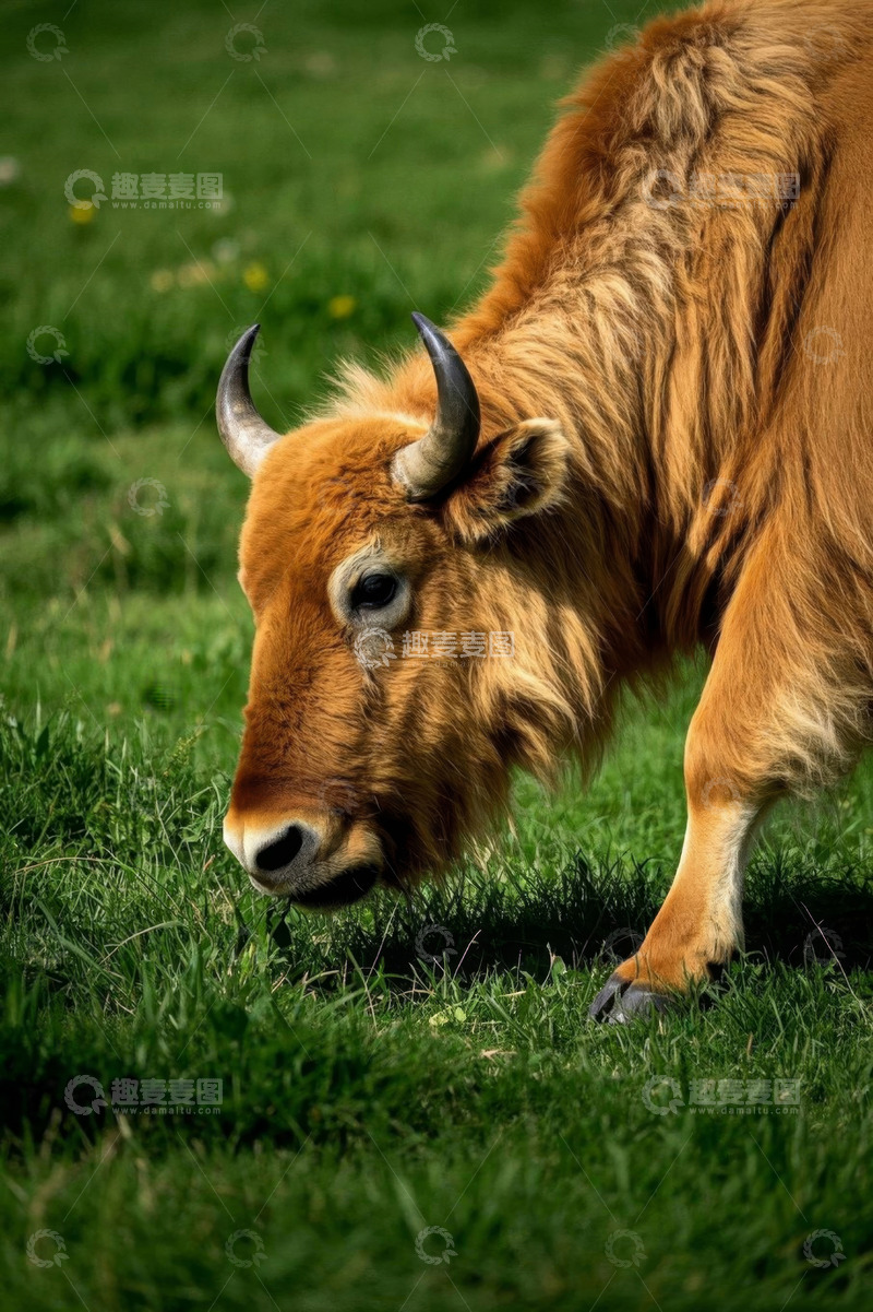 高清大图下载【趣麦麦图】草地上的牛低头吃草