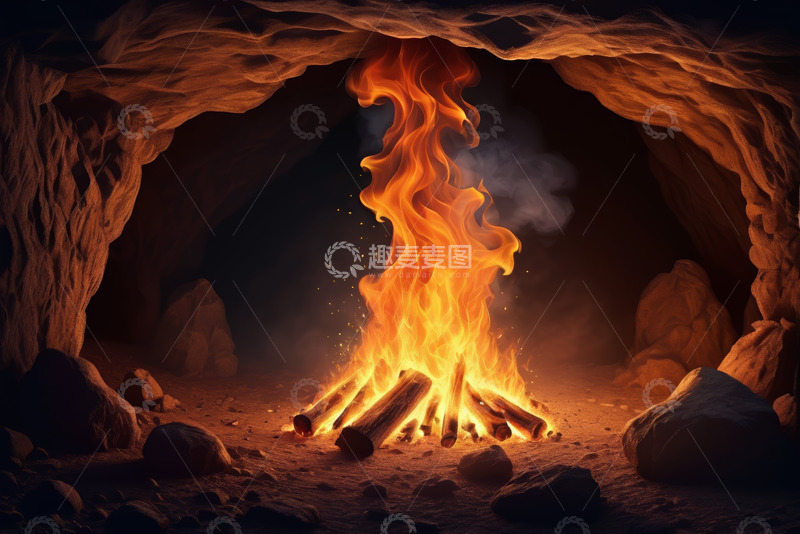 高清大图下载【趣麦麦图】山洞内燃烧的篝火场景