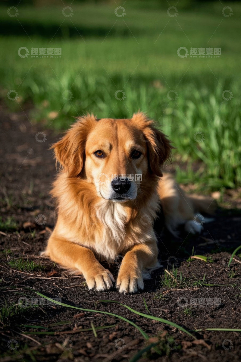 高清大图下载【趣麦麦图】趴在草地上的金毛犬