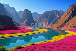 山间多彩花海与河流景观