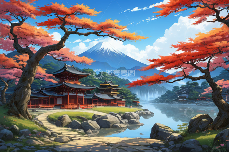 高清大图下载【趣麦麦图】日本富士山下古建筑风景