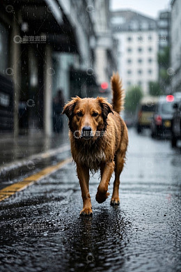 雨中街道上行走的棕色狗狗