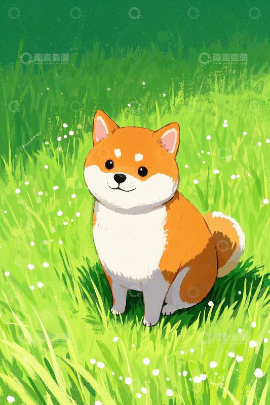 草地上坐着的柴犬插画