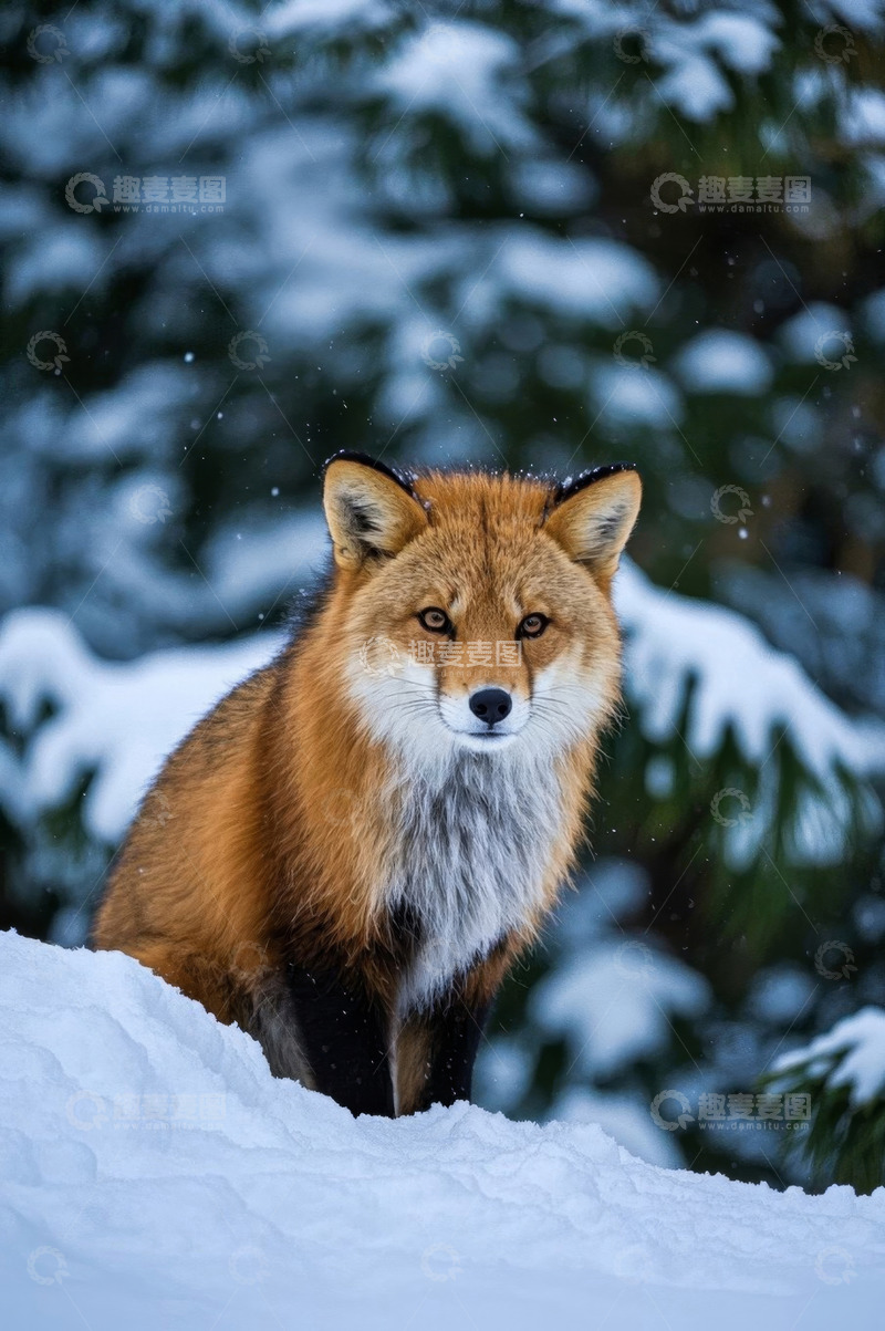 高清大图下载【趣麦麦图】雪地中的红狐狸特写