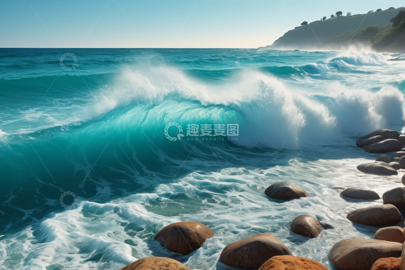 高清大图下载【趣麦麦图】海浪拍打岸边岩石海景
