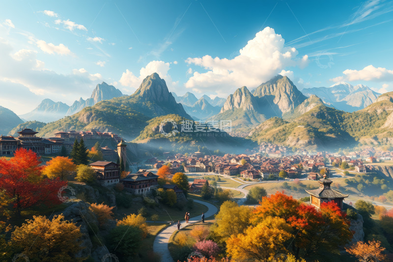 高清大图下载【趣麦麦图】山间小镇秋日全景