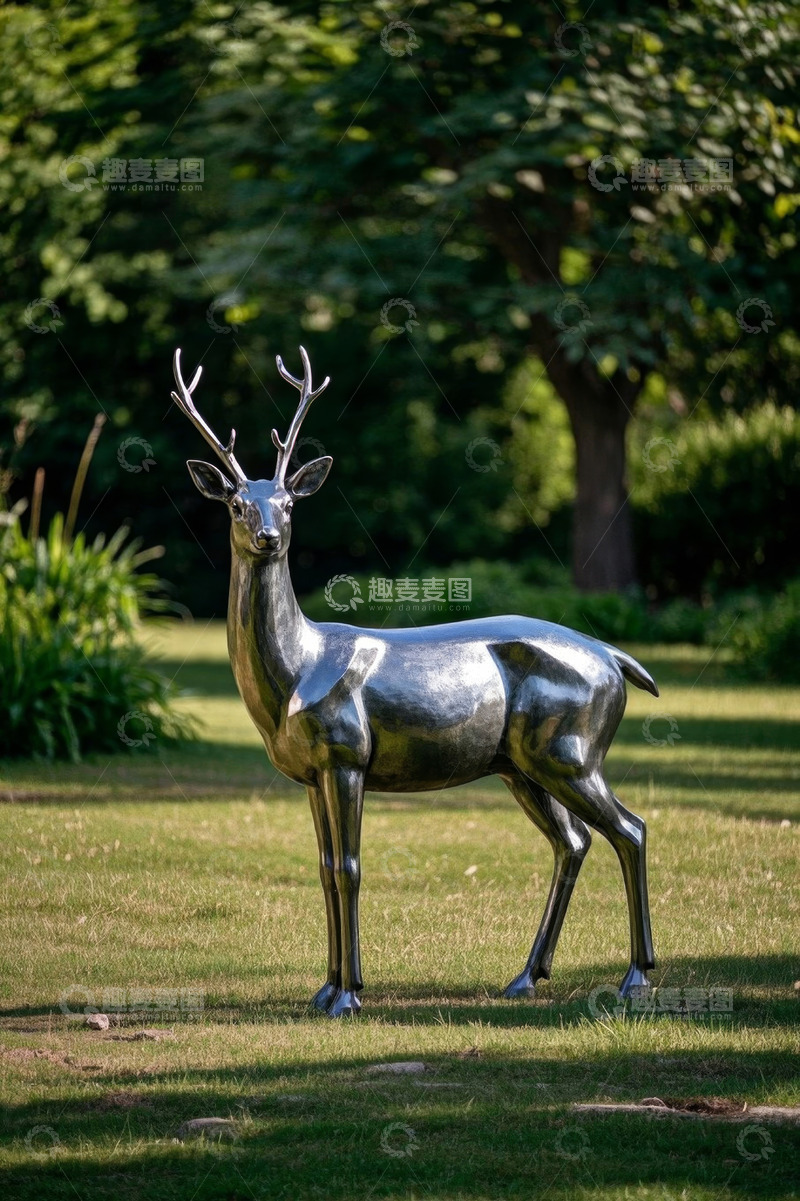 高清大图下载【趣麦麦图】草地上的金属鹿雕塑