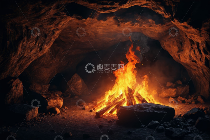 高清大图下载【趣麦麦图】山洞中燃烧的篝火场景