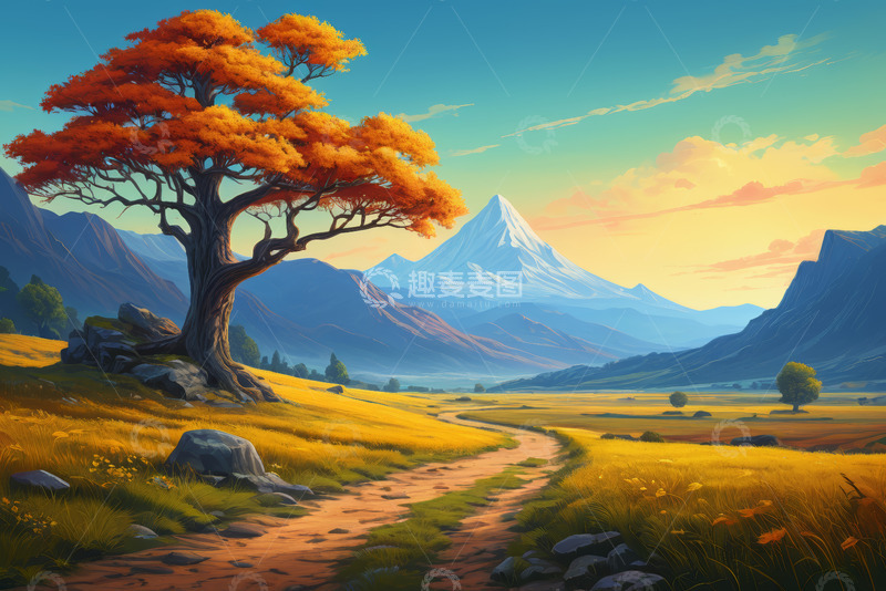 高清大图下载【趣麦麦图】山间田野旁的孤树风景