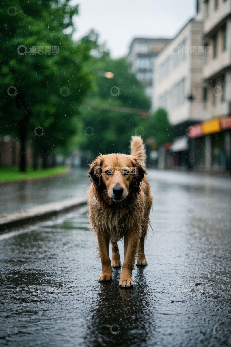 高清大图下载【趣麦麦图】雨中街道上的金毛犬