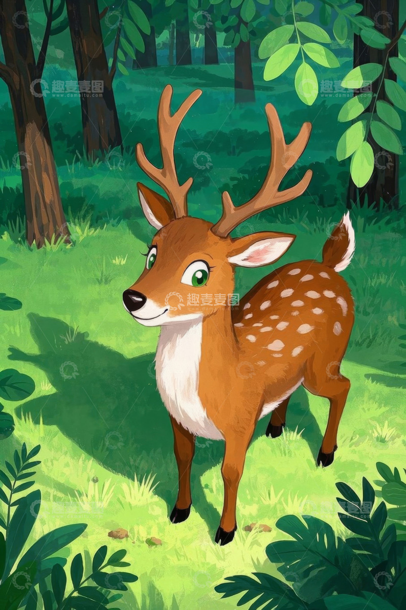 高清大图下载【趣麦麦图】森林中站立的卡通小鹿