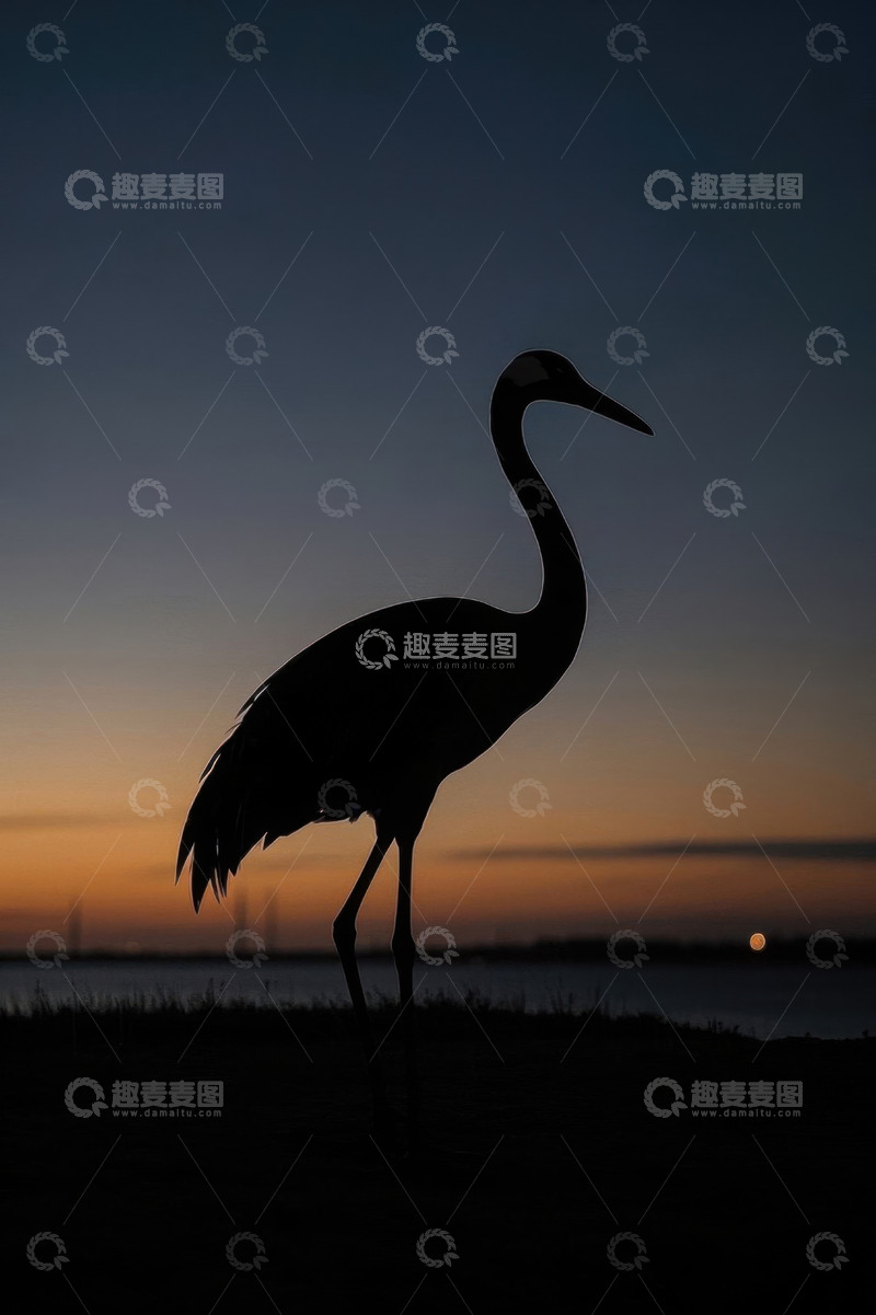 高清大图下载【趣麦麦图】夕阳下站立的鹤剪影