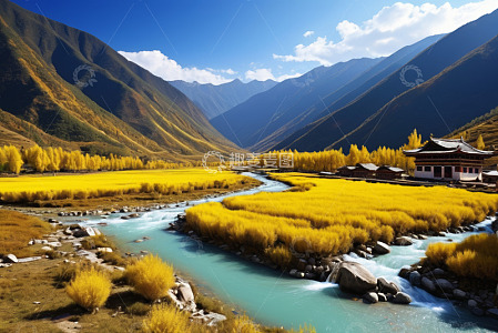 山谷间河流与金黄植被风景