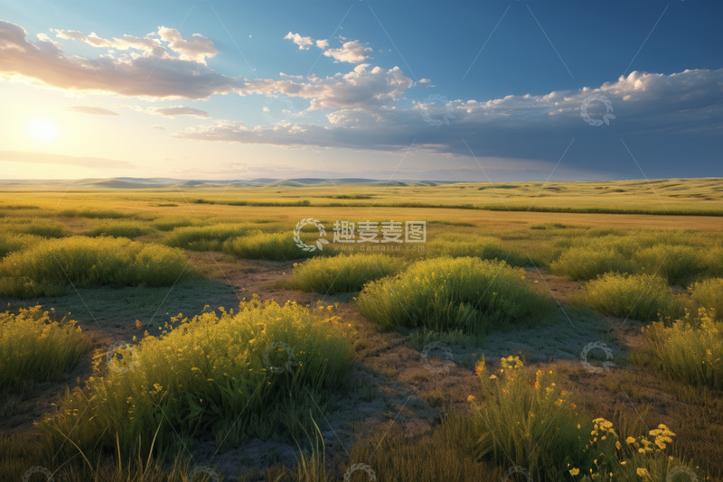 高清大图下载【趣麦麦图】广袤草原上的日落自然风光