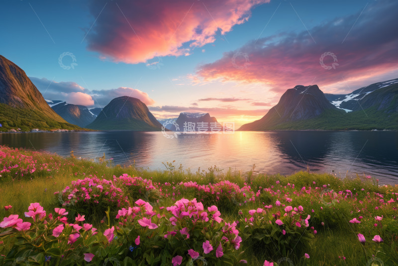 高清大图下载【趣麦麦图】湖畔山景与粉色花丛风光