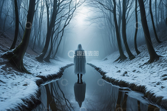 雪地森林中身披斗篷的人物背影