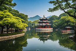 中式楼阁湖畔自然风光