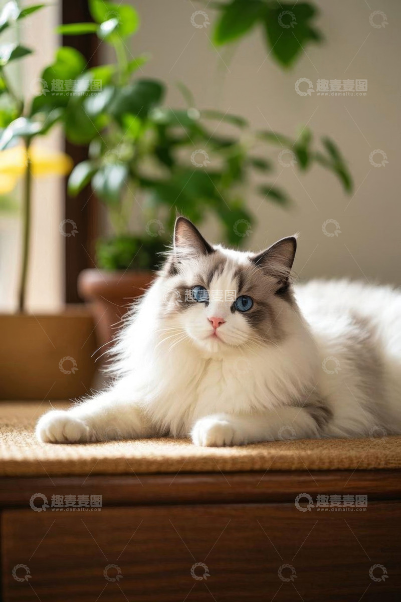 高清大图下载【趣麦麦图】室内趴卧的蓝眼布偶猫