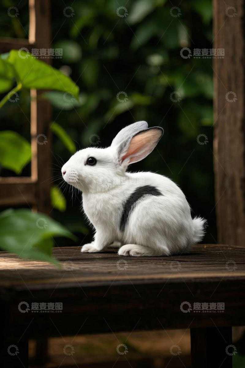 高清大图下载【趣麦麦图】白色兔子坐于木桌的画面