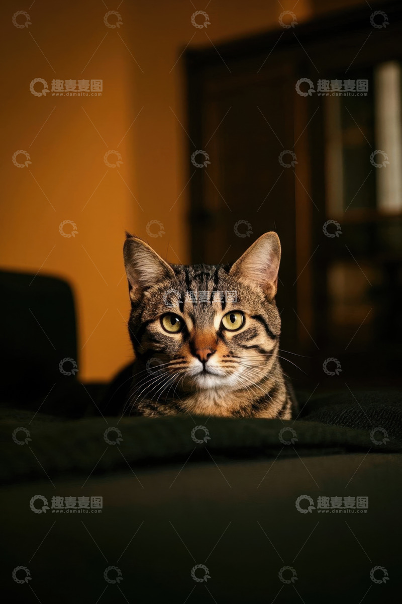 高清大图下载【趣麦麦图】室内卧躺的虎斑猫特写