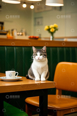 咖啡馆内坐着的猫咪与咖啡杯