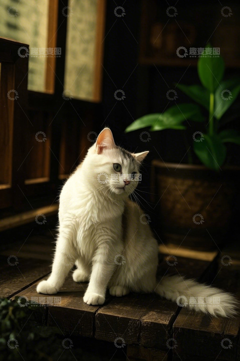 高清大图下载【趣麦麦图】室内坐着的白色猫咪