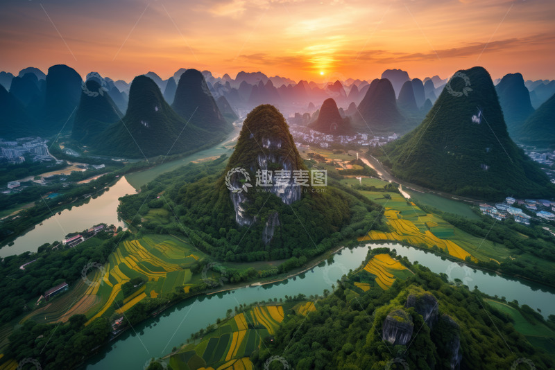 高清大图下载【趣麦麦图】桂林山水田园日落航拍风光