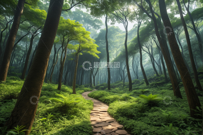 高清大图下载【趣麦麦图】森林中的石板小径风景