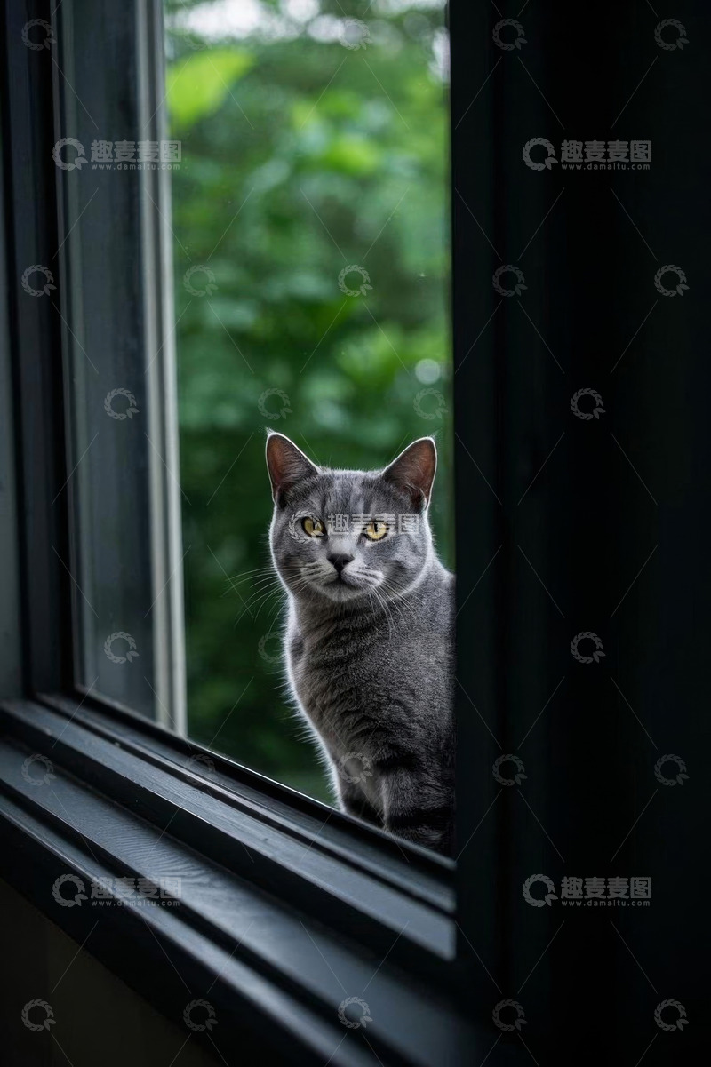 高清大图下载【趣麦麦图】窗边的灰色猫咪