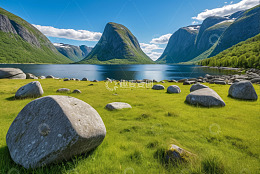 挪威峡湾边草地湖泊风光