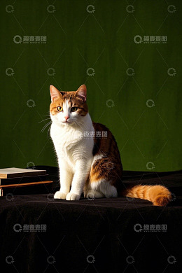 三色猫于桌前的静物照