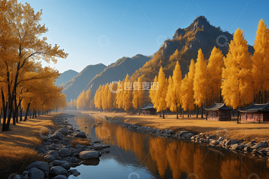 秋日山林河流与中式建筑景观