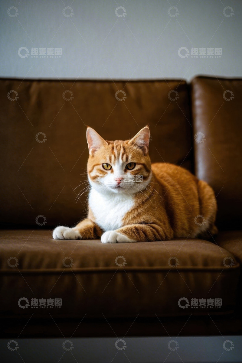 高清大图下载【趣麦麦图】橘白猫咪趴坐棕色沙发
