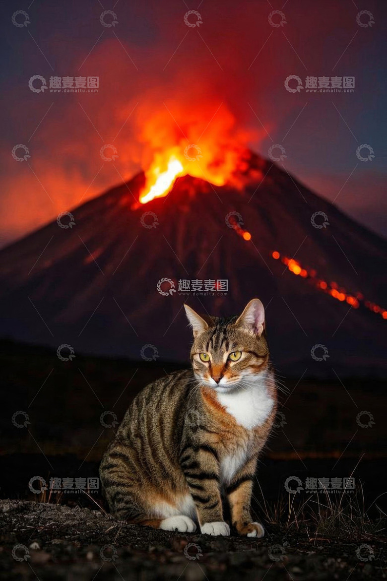 猫咪与喷发火山同框景象