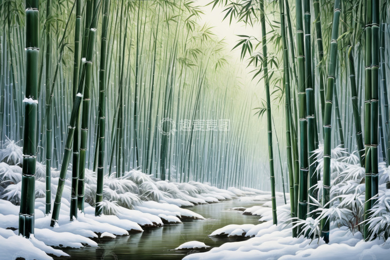 高清大图下载【趣麦麦图】雪后竹林与溪流景观