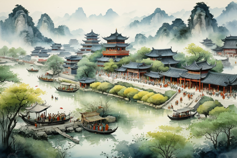 高清大图下载【趣麦麦图】古风山水间中式建筑群景观