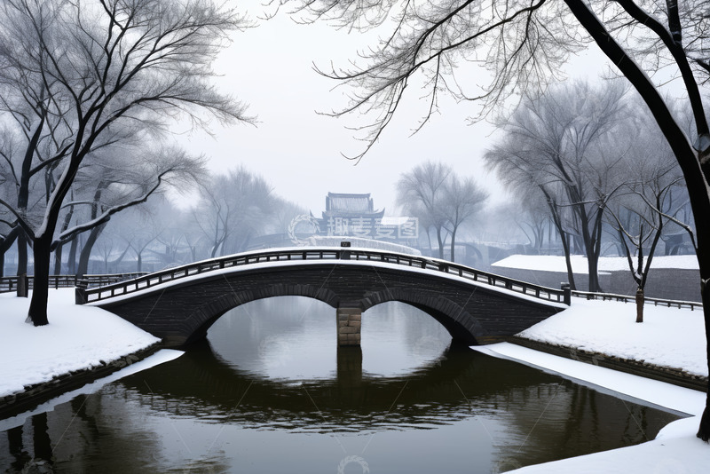 高清大图下载【趣麦麦图】雪后石桥与古建筑风光