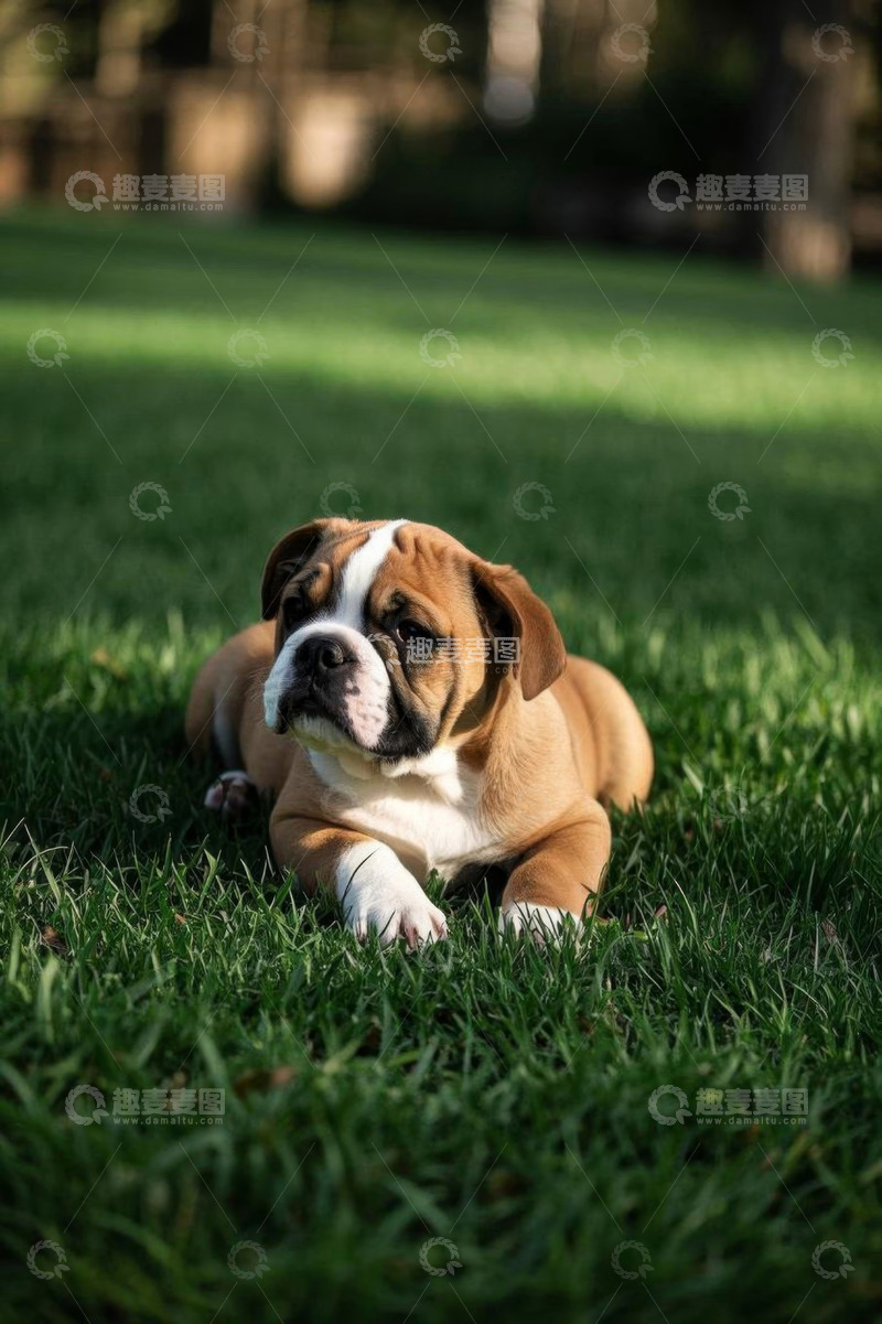 高清大图下载【趣麦麦图】草地上趴着的英国斗牛犬幼犬