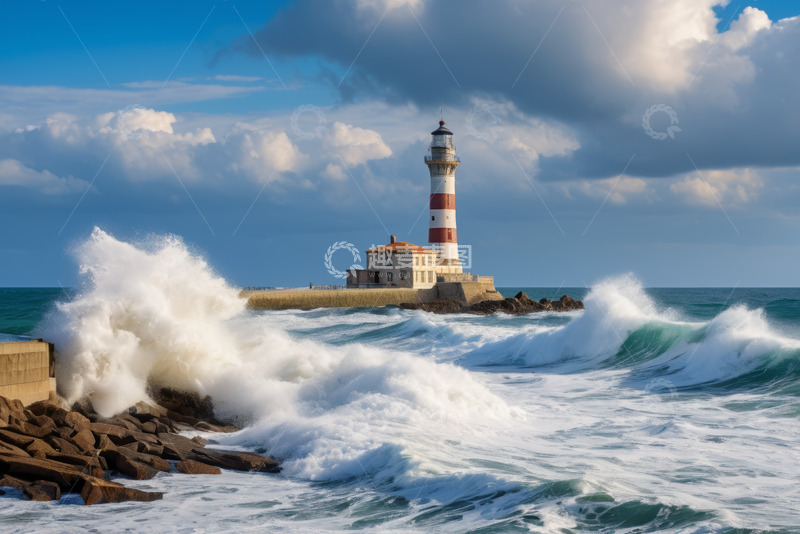 高清大图下载【趣麦麦图】海边灯塔与汹涌海浪景观