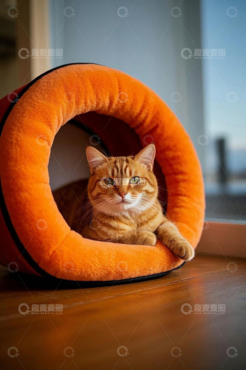 高清大图下载【趣麦麦图】橘猫在猫窝内休憩