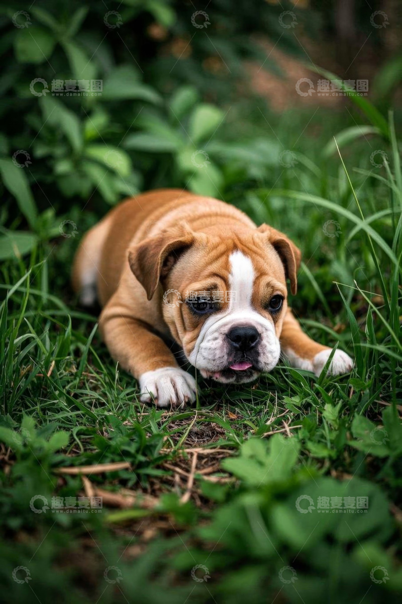 高清大图下载【趣麦麦图】草地上趴着的英国斗牛犬幼犬
