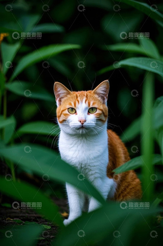 绿叶丛中的橙白相间猫咪