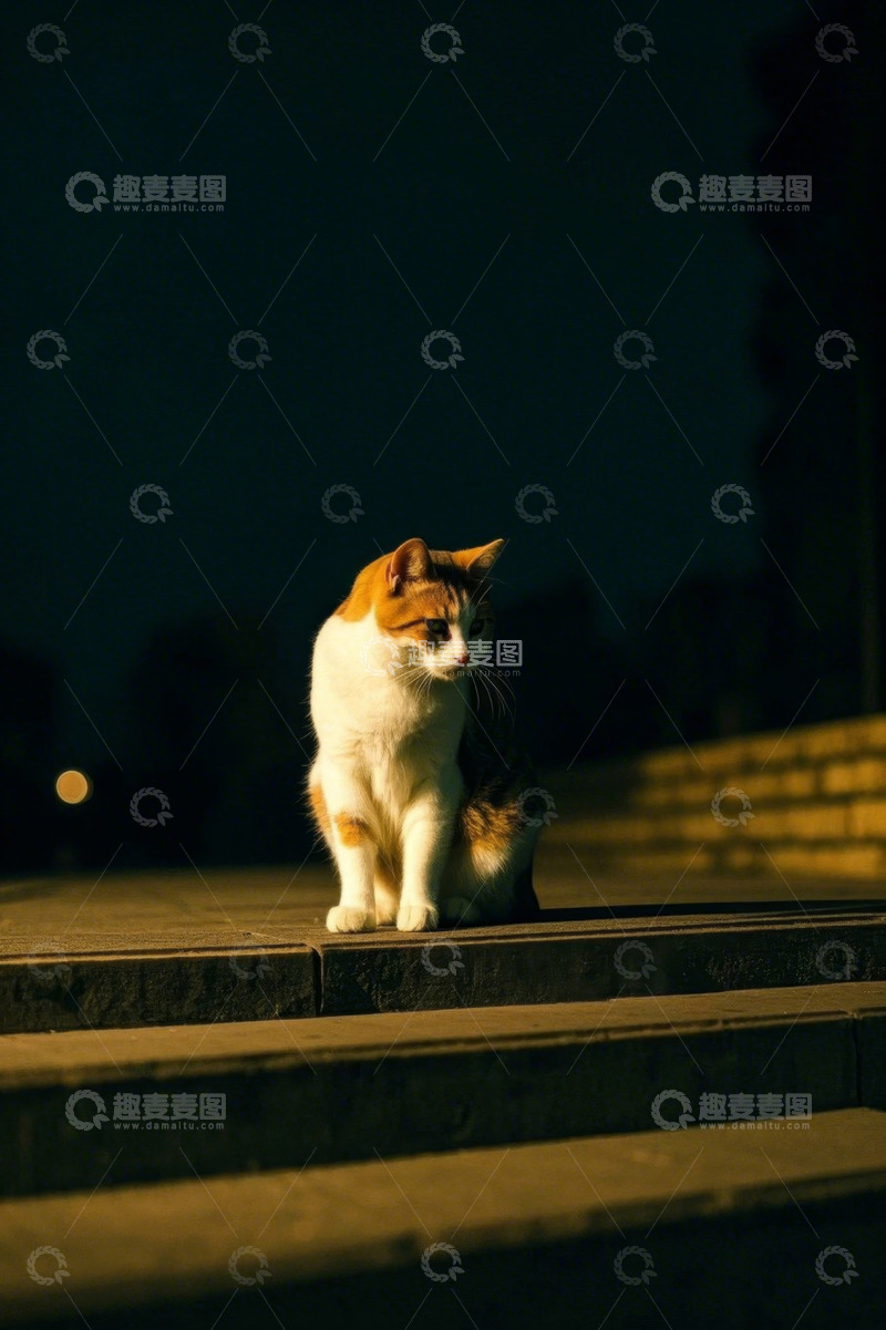 高清大图下载【趣麦麦图】夜晚台阶上坐着的花猫