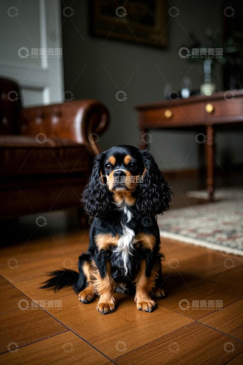 高清大图下载【趣麦麦图】室内坐着的三色宠物狗