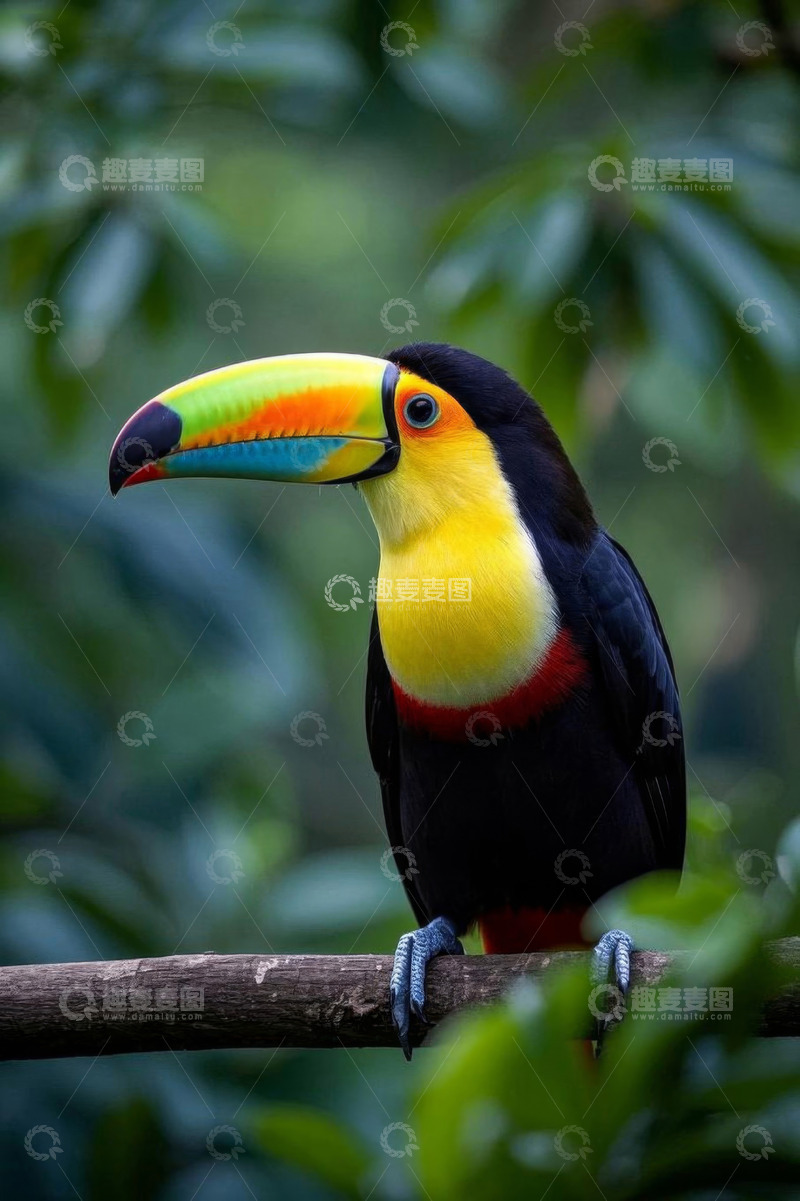高清大图下载【趣麦麦图】色彩鲜艳巨嘴鸟栖息树枝