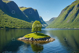 挪威峡湾湖心小岛风景