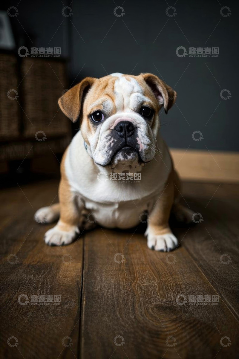 高清大图下载【趣麦麦图】室内可爱英国斗牛犬蹲坐画面